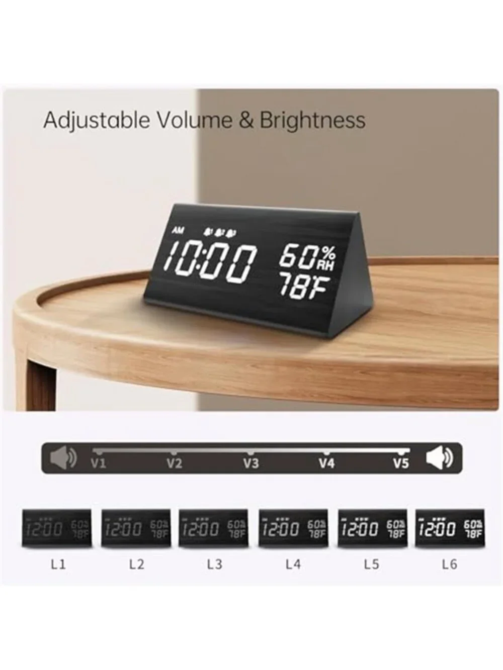 Wood Digital Alarm Clock Multiple Alarms LED Display Temperature Humidity Modern